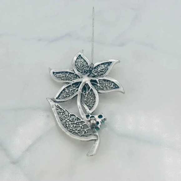 Big 3.25” Flower Brooch Pin Filigree Faux Turquoise Rhinestone Marcasite - Picture 6 of 8